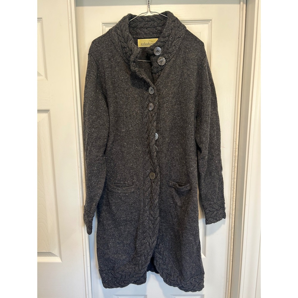 Irelandseye Cashmere Blend Longline Cardigan Sweater Grey Cable Knit‎ Trim M